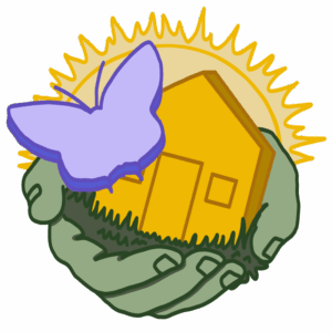 The MUC logo shows hands with metaphorical green thumbs holding grass. On the grass sits a small house. Beside the house floats a butterfly.